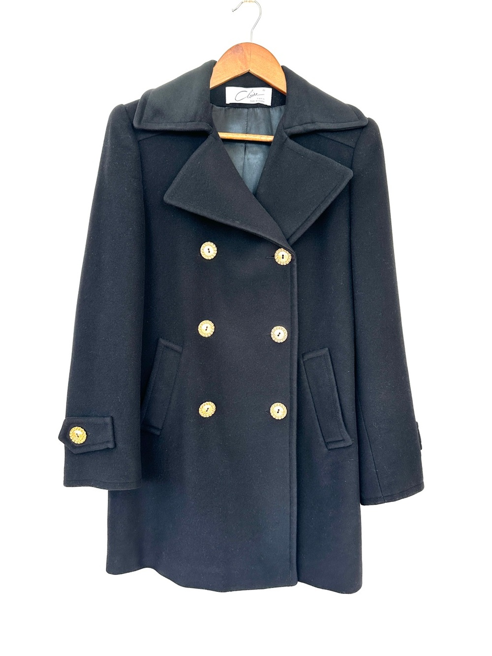 Claire Paris Classic Double-Breasted Black Wool Cashmere Coat, Notched Collar